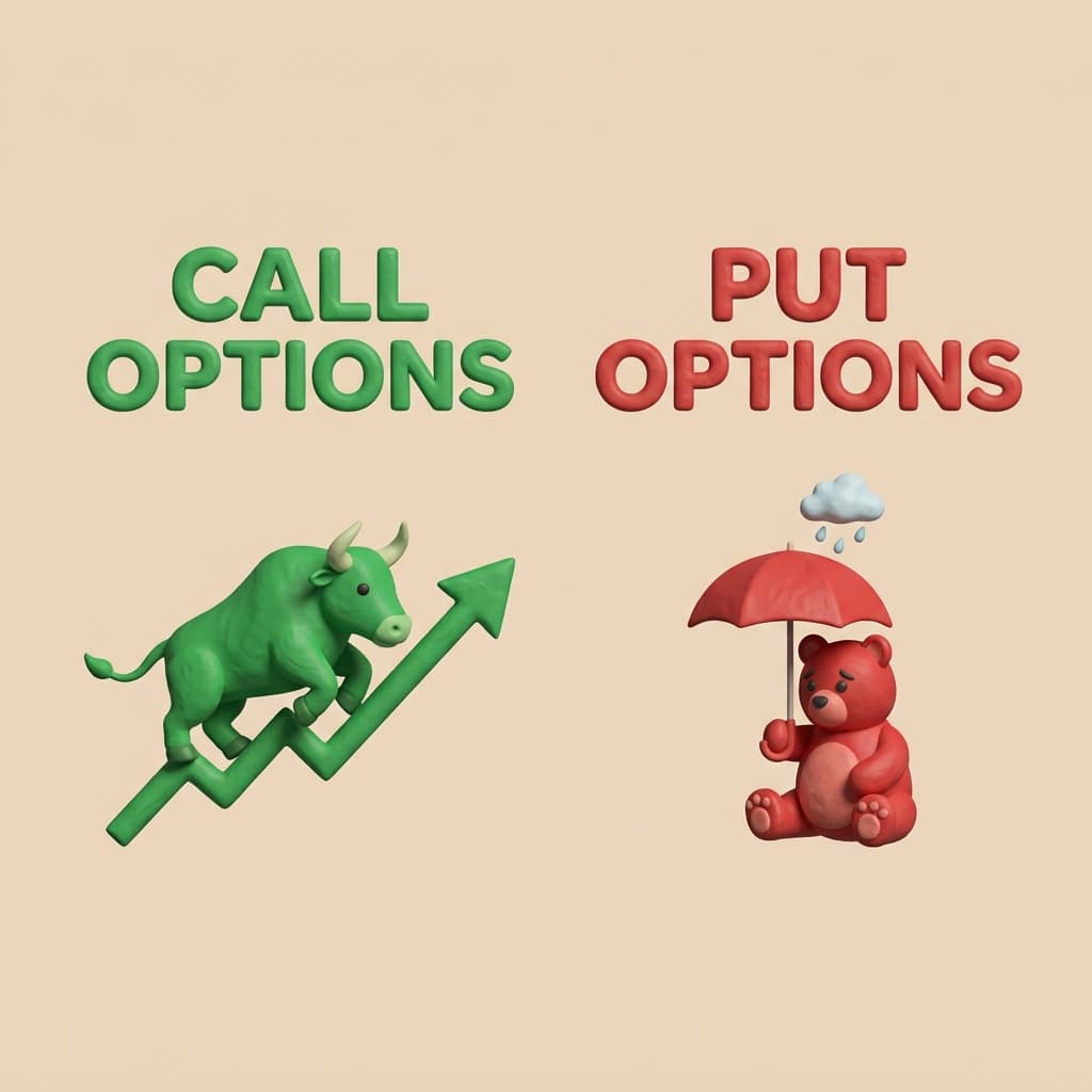 A 3D claymation illustration comparing Call Options (green bull charging upwards) and Put Options (red bear under an umbrella in the rain) for stock market options trading education